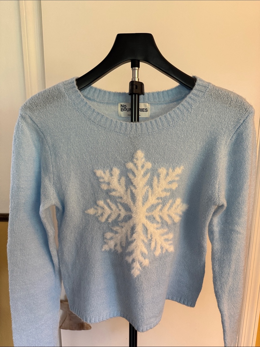 No Boundaries Light Blue Snowflake Crewneck Sweater